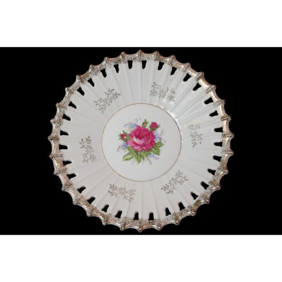 Antique 8" Hand Painted Floral Porcelain Fruit Bowl Scalloped Open Work Rim - Picture 1 of 3